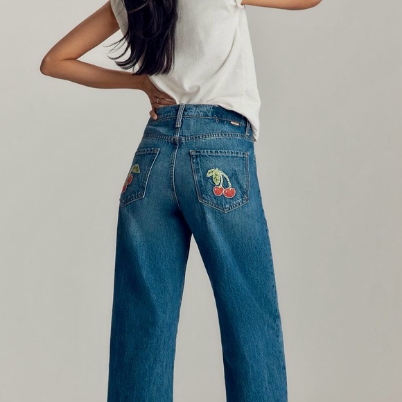 MOTHER Blue Straight Leg Jeans with Cherry Embroidery - Picture 8 of 11